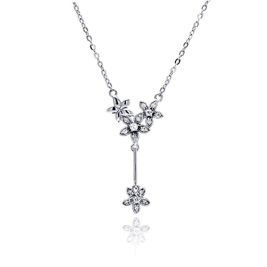 925 Silver Rhodium Plated Flower CZ Dangling Necklace