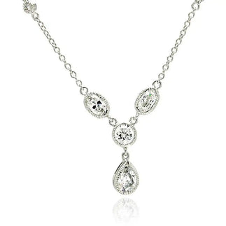 925 Sterling Silver Rhodium Plated Teardrop Round Oval Clear CZ Necklace