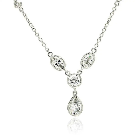 925 Sterling Silver Rhodium Plated Teardrop Round Oval Clear CZ Necklace
