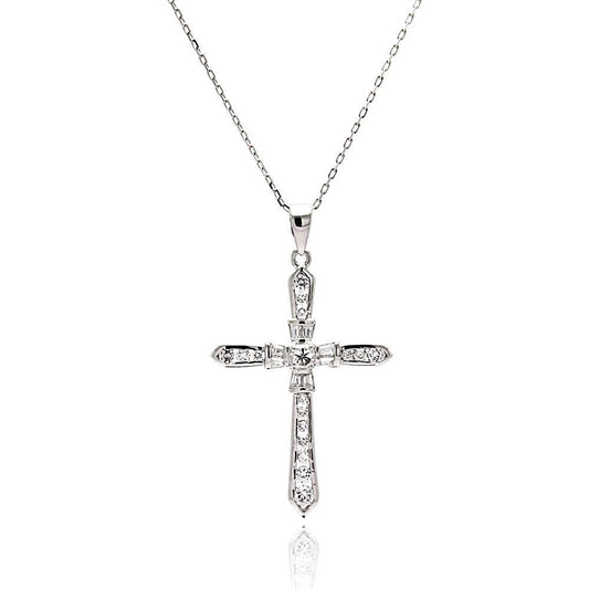 925 Silver Rhodium Plated Cross CZ Necklace