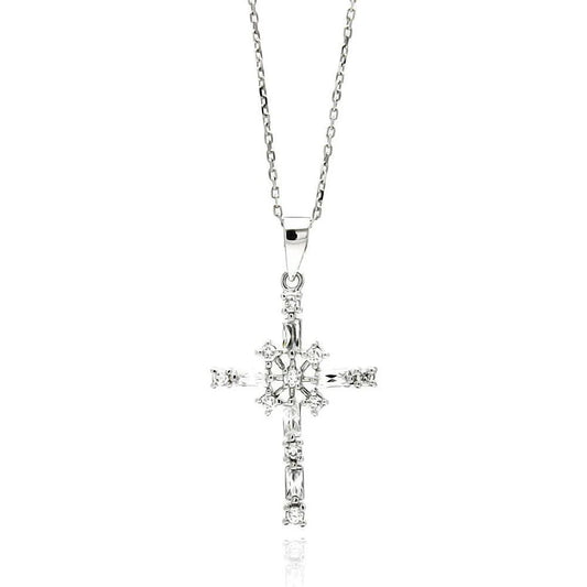 925 Silver Rhodium Plated Cross CZ Necklace