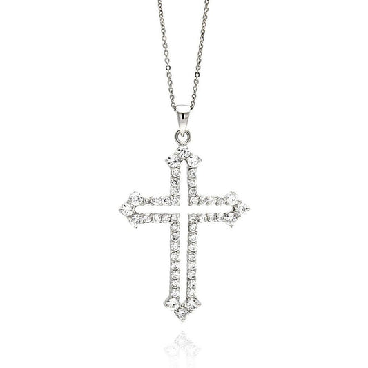 925 Silver Rhodium Plated Open Cross CZ Necklace