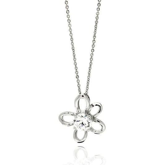 925 Silver Clearance-Rhodium Plated Open Flower Center CZ Necklace