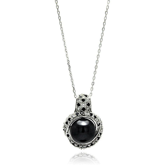 925 Silver Clearance-Rhodium Plated Round CZ Black Center Pearl Necklace