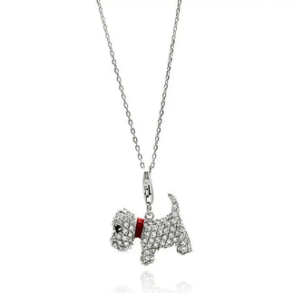 925 Sterling Silver Rhodium Plated Dog CZ Red Enamel Leash Necklace