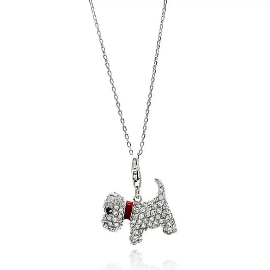 925 Sterling Silver Rhodium Plated Dog CZ Red Enamel Leash Necklace