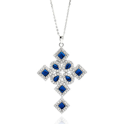925 Silver Rhodium Plated Blue Multiple Shape Cross CZ Necklace