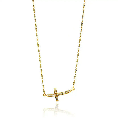 925 Sterling Silver Gold Plated Curvy Sideways Cross CZ Necklace
