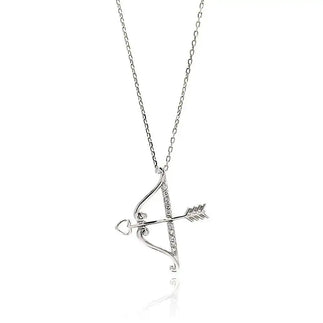 925 Sterling Silver Rhodium Plated Open Bow and Arrow CZ Pendant Necklace