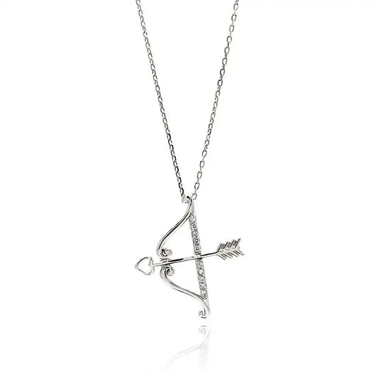 925 Sterling Silver Rhodium Plated Open Bow and Arrow CZ Pendant Necklace