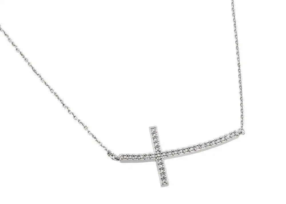 925 Sterling Silver Rhodium Plated Sideways Cross CZ Necklace