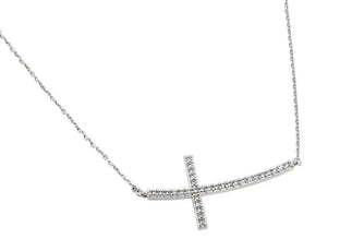 925 Sterling Silver Rhodium Plated Sideways Cross CZ Necklace