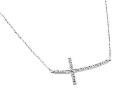 925 Sterling Silver Rhodium Plated Sideways Cross CZ Necklace