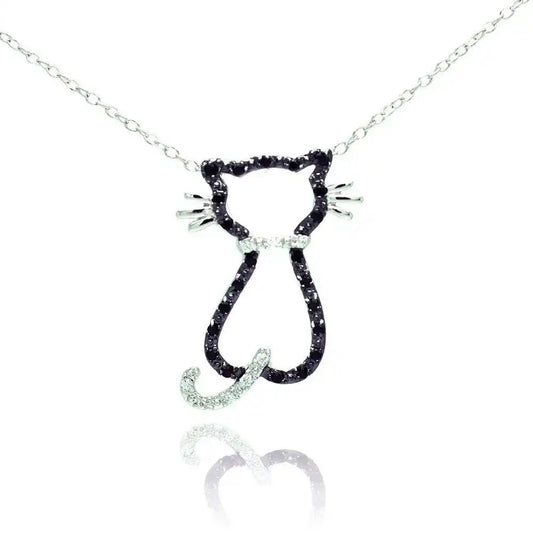 925 Sterling Silver Rhodium Plated Open Cat Black and Clear CZ Necklace