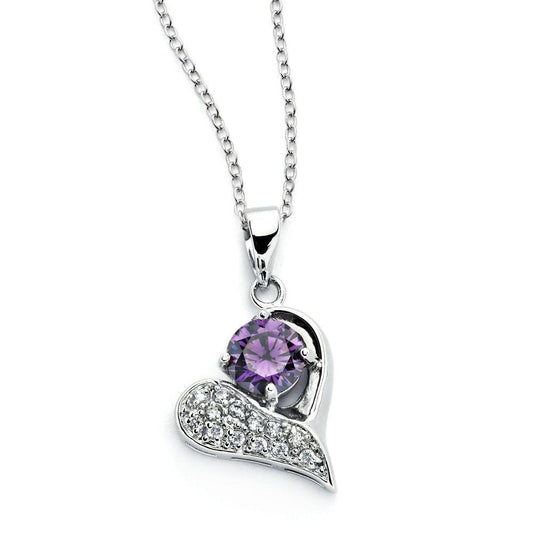 925 Silver Rhodium Plated Open Heart Pink CZ Inlay Necklace