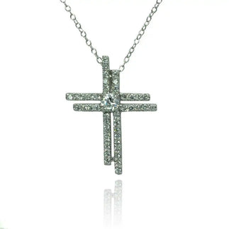 925 Sterling Silver Rhodium Plated Double Cross Center Circle CZ Necklace