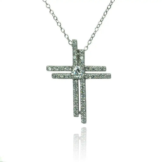 925 Sterling Silver Rhodium Plated Double Cross Center Circle CZ Necklace