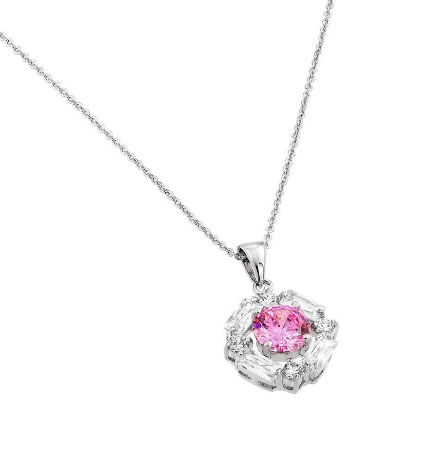 925 Silver Clearance-Rhodium Plated Circle Center Pink CZ Necklace