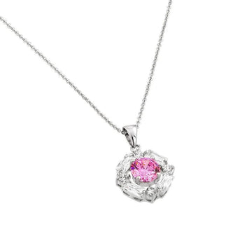 925 Silver Clearance-Rhodium Plated Circle Center Pink CZ Necklace