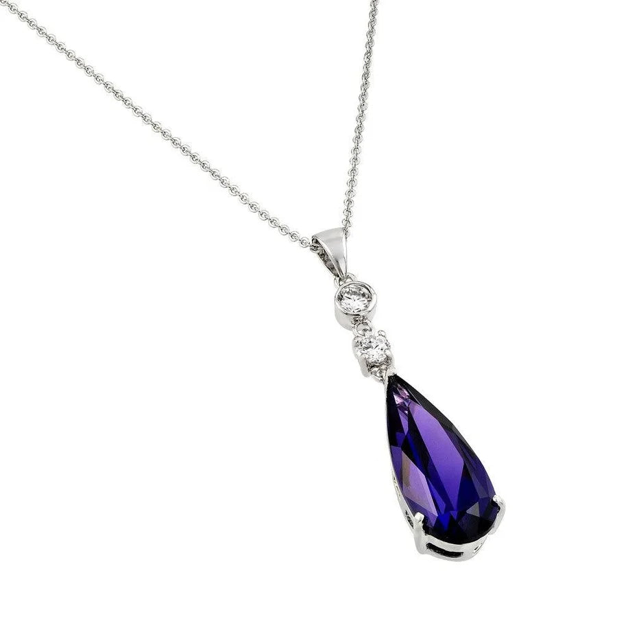 925 Silver Rhodium Plated Teardrop Purple CZ Dangling Necklace