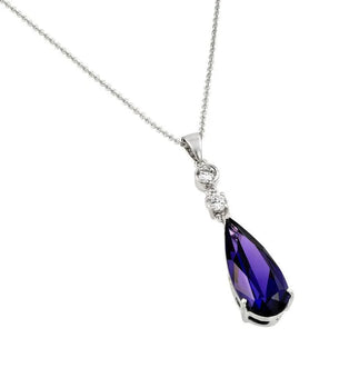 925 Silver Rhodium Plated Teardrop Purple CZ Dangling Necklace