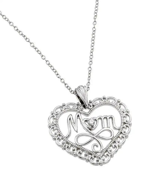 925 Sterling Silver Rhodium Plated Clear CZ at Center Open Heart Mom Pendant Necklace