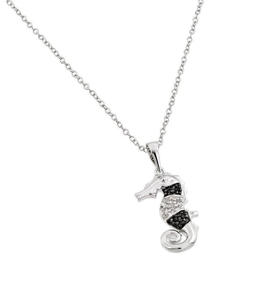 925 Silver Rhodium Plated Clear CZ Stone and Onyx Sea Horse Pendant Necklace