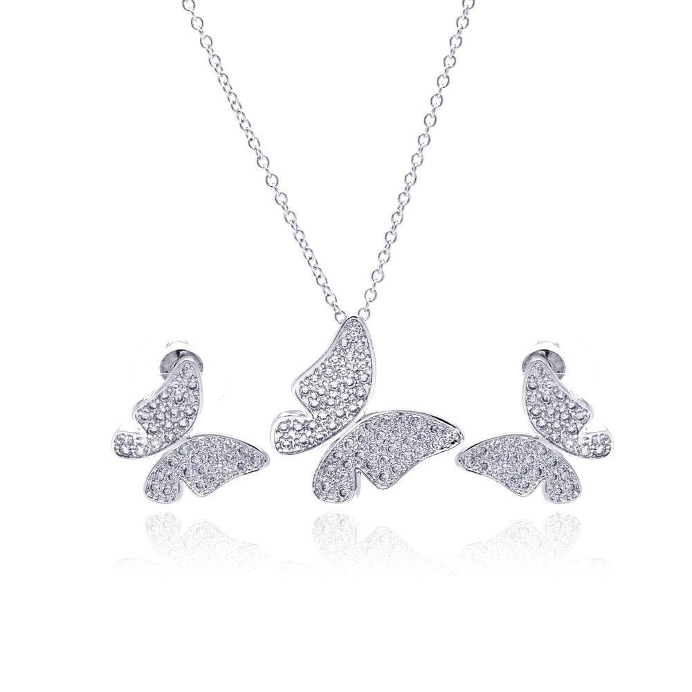 925 Silver Rhodium Plated Clear Pave Set Butterfly CZ Stud Earring and Necklace Set