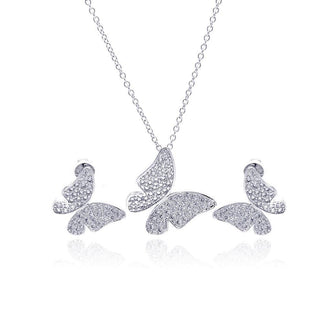 925 Silver Rhodium Plated Clear Pave Set Butterfly CZ Stud Earring and Necklace Set