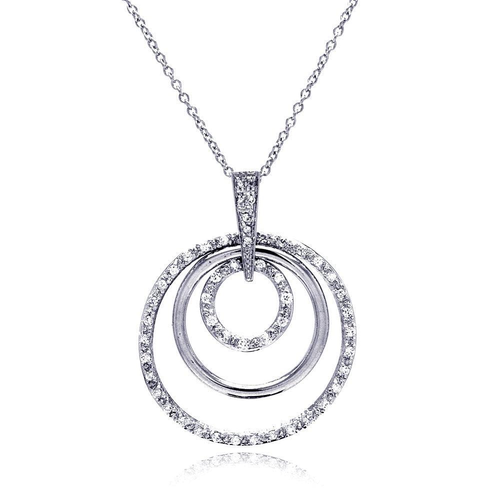 925 Silver Clearance-Clear CZ Rhodium Plated Multi Circle Pendant Necklace