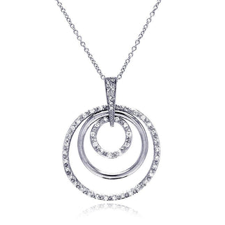 925 Silver Clearance-Clear CZ Rhodium Plated Multi Circle Pendant Necklace