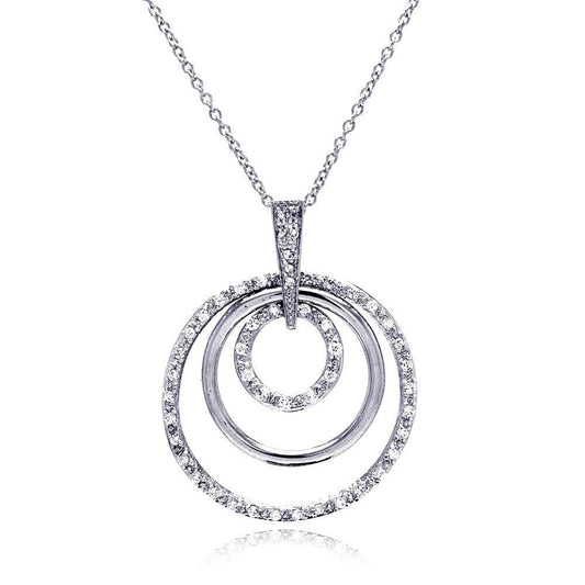 925 Silver Clearance-Clear CZ Rhodium Plated Multi Circle Pendant Necklace