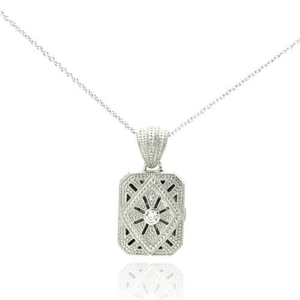 925 Sterling Silver Rhodium Plated Ornate CZ Rectangle Locket Pendant Necklace