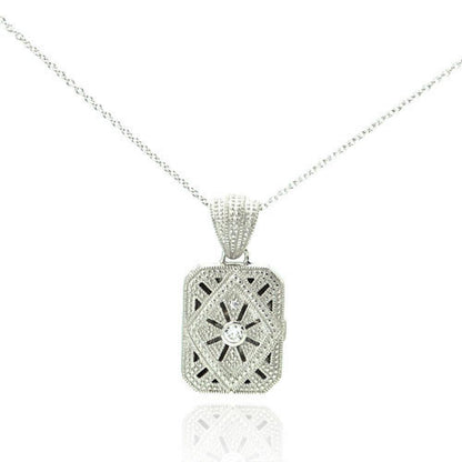 925 Sterling Silver Rhodium Plated Ornate CZ Rectangle Locket Pendant Necklace