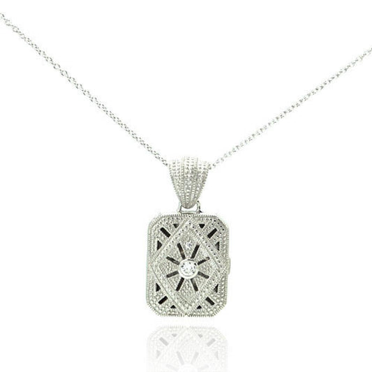925 Sterling Silver Rhodium Plated Ornate CZ Rectangle Locket Pendant Necklace