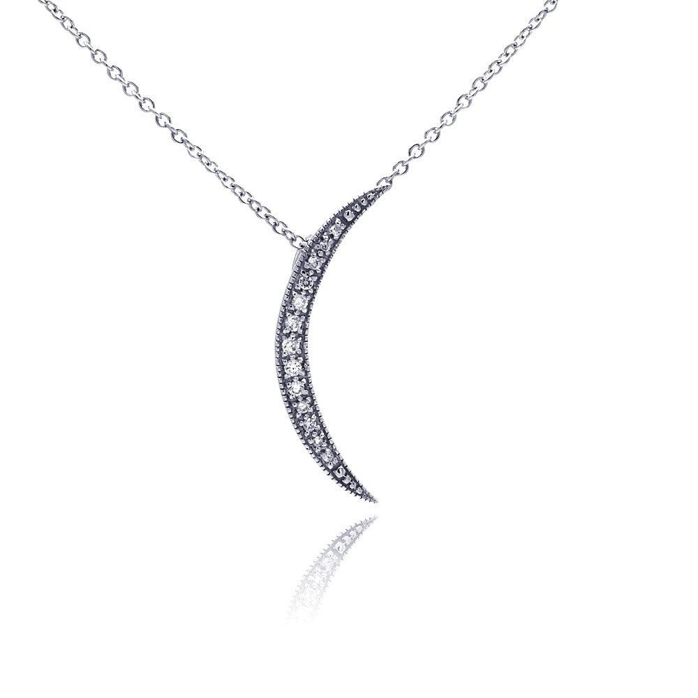 925 Silver Clear CZ Rhodium Plated Moon Pendant Necklace