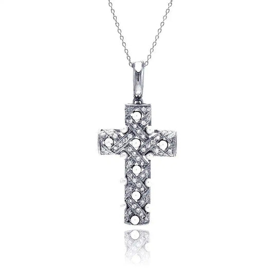 925 Sterling Silver Clear CZ Rhodium Plated Fancy Cross Pendant Necklace