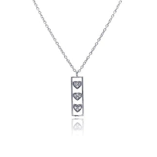 925 Sterling Silver Clear CZ Rhodium Plated Bar Trio Hearts Pendant Necklace
