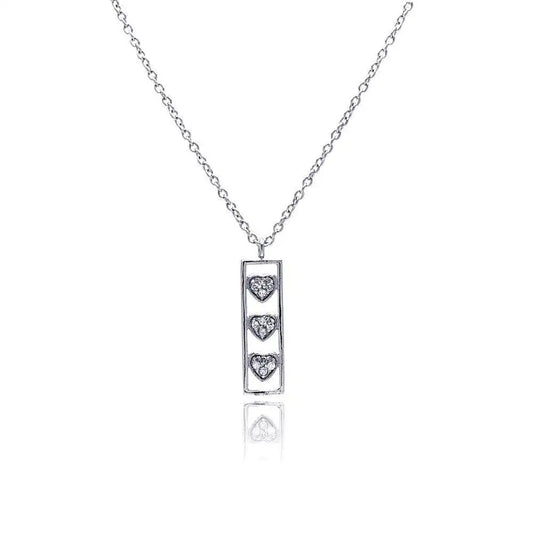 925 Sterling Silver Clear CZ Rhodium Plated Bar Trio Hearts Pendant Necklace