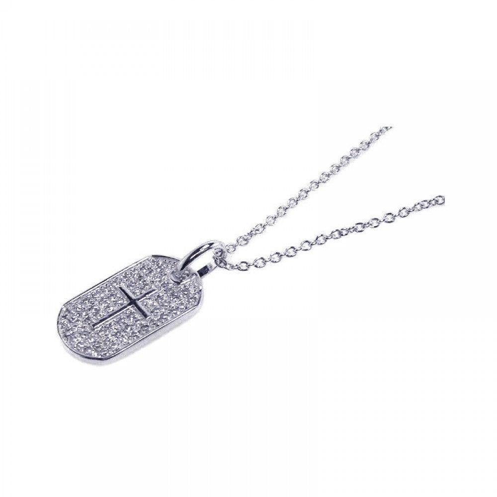 925 Silver Clear CZ Rhodium Plated Dog Tag Cross Accent Pendant Necklace