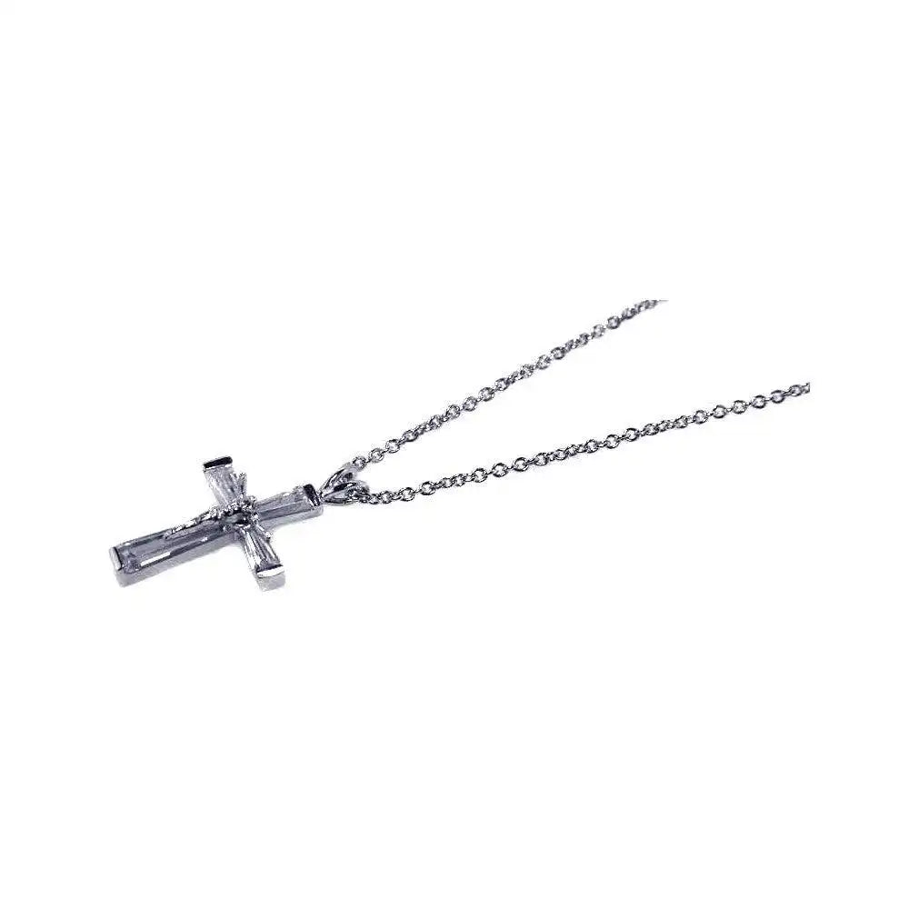 925 Sterling Silver Rhodium Plated CZ Cross Pendant Necklace