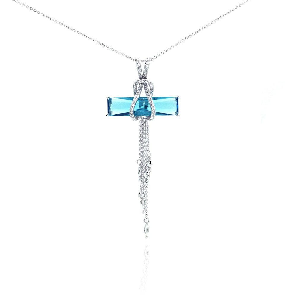 925 Silver Rhodium Plated Blue CZ Hanging Strand Pendant Necklace