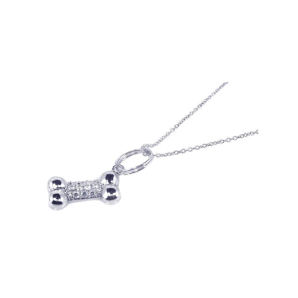 925 Silver Rhodium Plated Pave Set Clear CZ Dog Bone Pendant Necklace