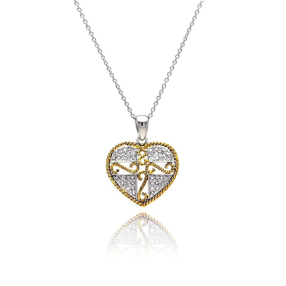 925 Silver Clearance-Gold and Silver Rhodium Plated Micro Pave Heart Filigree CZ Dangling Necklace