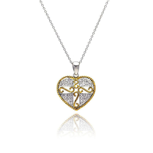 925 Silver Clearance-Gold and Silver Rhodium Plated Micro Pave Heart Filigree CZ Dangling Necklace
