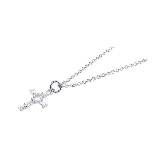 925 Sterling Silver Rhodium Plated Cross Baguette and Square CZ Dangling Ring Necklace