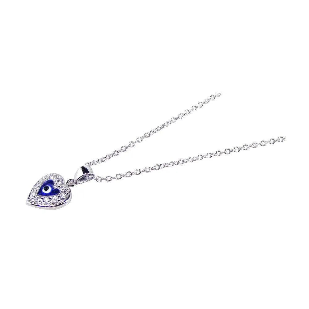 925 Sterling Silver Rhodium Plated Clear CZ and Blue Stones Evil Eye Heart Pendant Necklace