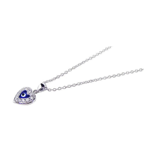 925 Sterling Silver Rhodium Plated Clear CZ and Blue Stones Evil Eye Heart Pendant Necklace