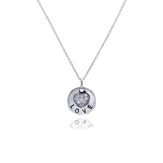 925 Silver Clearance-Rhodium Plated Clear CZ Love Round Pendant Necklace