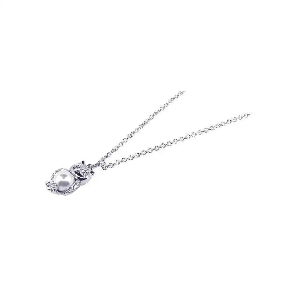 925 Sterling Silver Rhodium Plated Pearl and CZ Owl Pendant Necklace